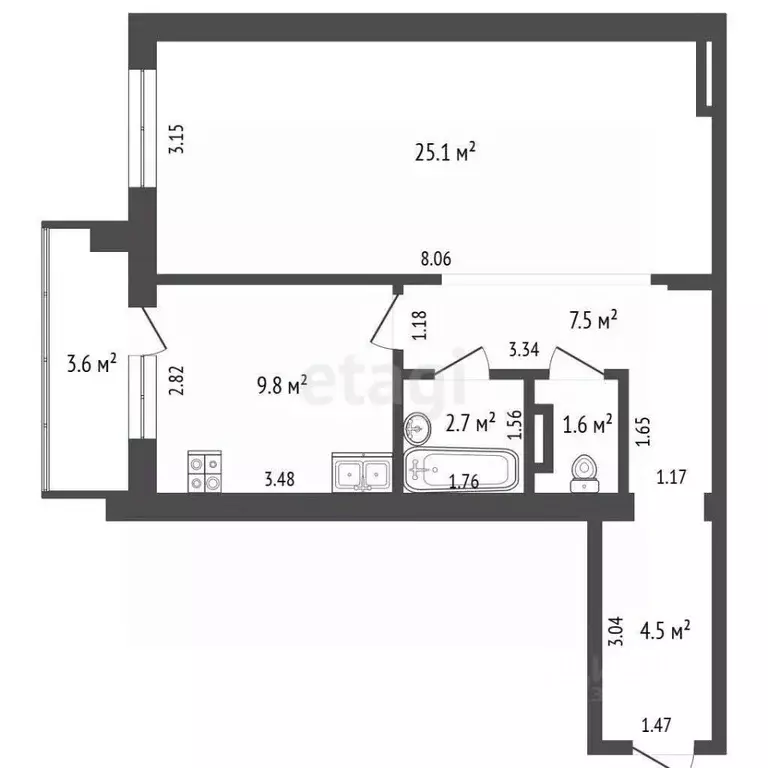 2-к кв. Томская область, Томск ул. Ивана Черных, 66 (54.8 м) - Фото 2