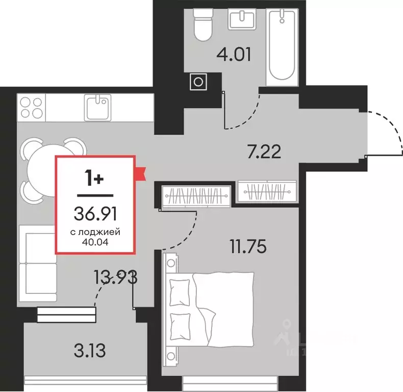 1-к кв. Ханты-Мансийский АО, Нефтеюганск ул. Нефтяников, 48А (36.91 м) - Фото 1
