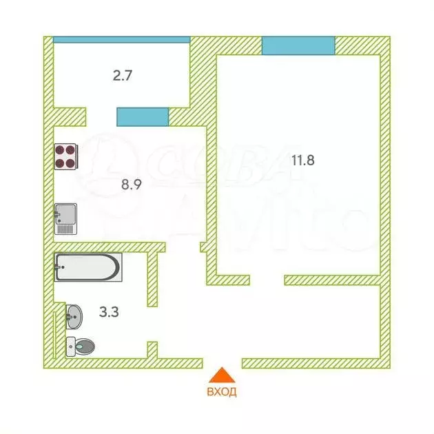 1-к. квартира, 29,8 м, 2/5 эт. - Фото 0