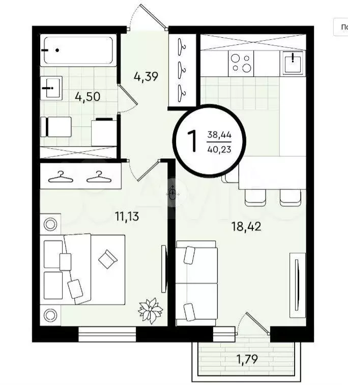 1-к. квартира, 40 м, 4/4 эт. - Фото 0