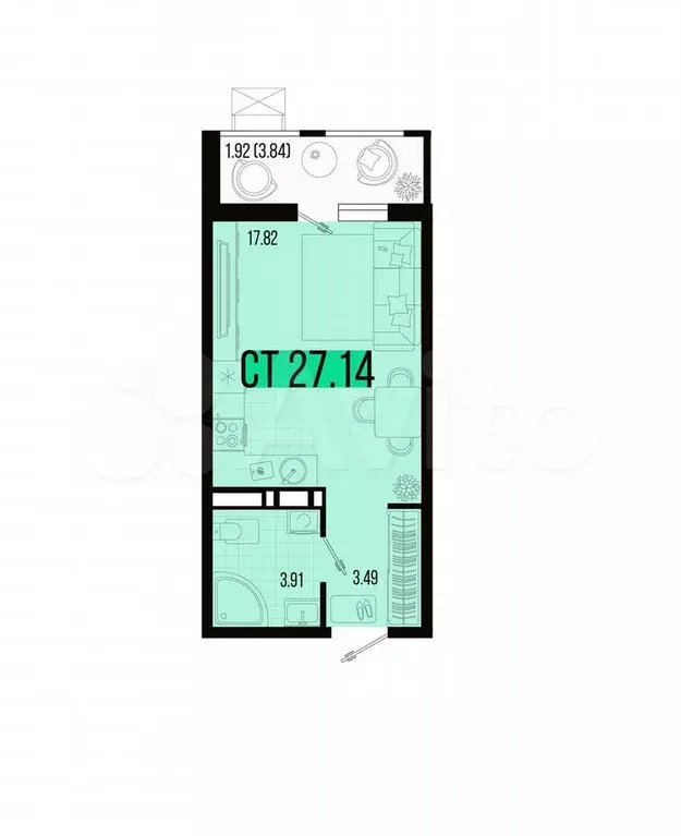 Квартира-студия, 27,1 м, 6/7 эт. - Фото 1