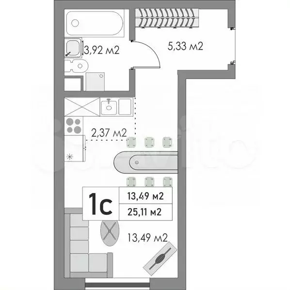 Квартира-студия, 25,1 м, 2/9 эт. - Фото 0