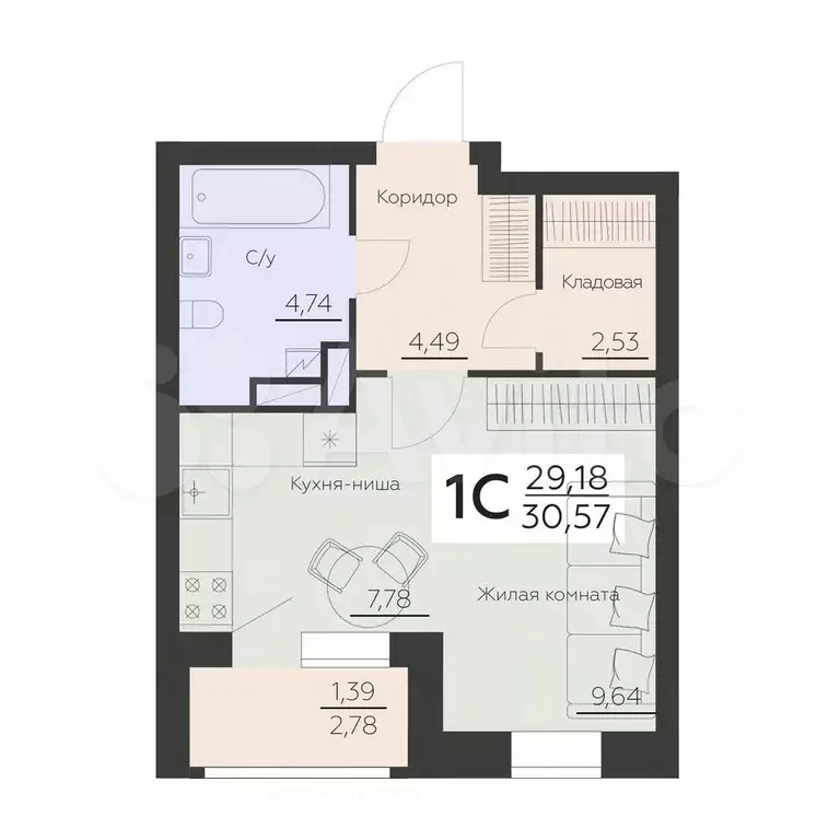 Квартира-студия, 30,6 м, 3/16 эт. - Фото 1