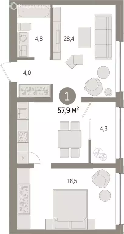 1-комнатная квартира: Тюмень, Мысовская улица, 26к1 (57.89 м) - Фото 1