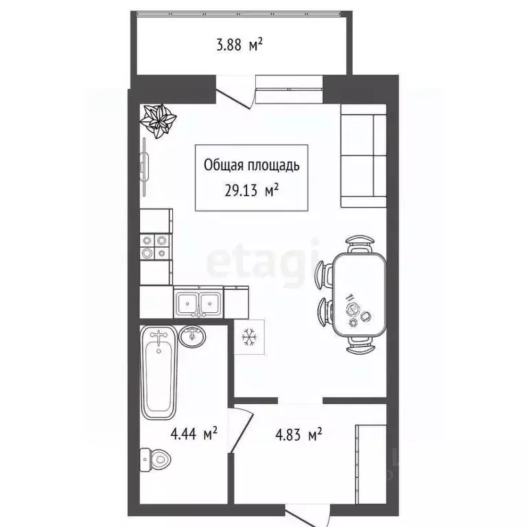 Студия Новосибирская область, Новосибирск Сибирская ул., 42 (28.9 м) - Фото 2