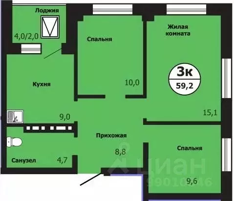 3-к кв. Красноярский край, Красноярск ул. Лесников, 51Б (59.2 м) - Фото 0