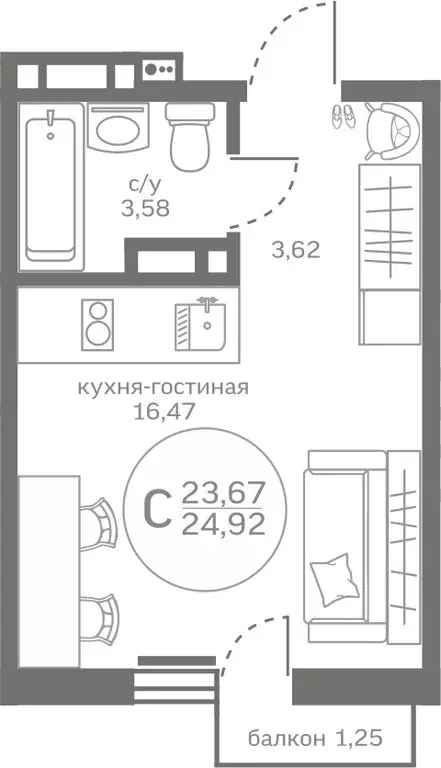 Квартира-студия: деревня Патрушева, улица Петра Ершова, 8 (23.67 м) - Фото 0