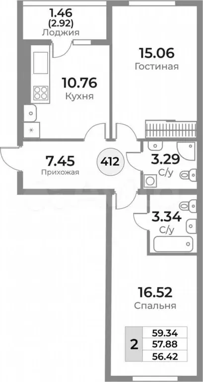 2-к. квартира, 60 м, 1/10 эт. - Фото 1