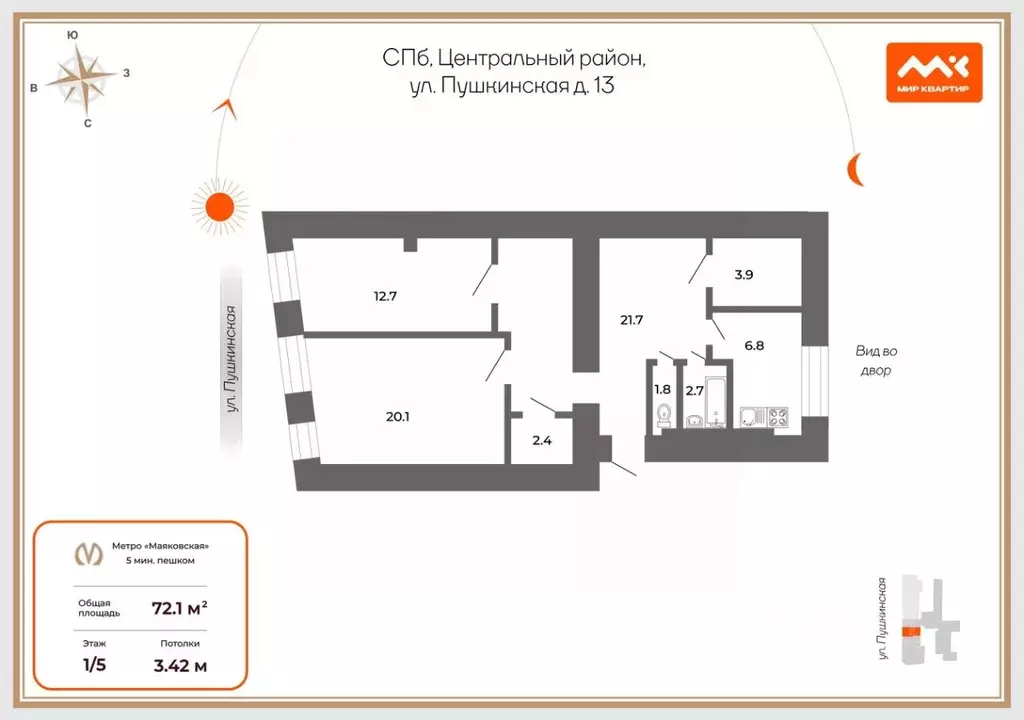2-к кв. Санкт-Петербург Пушкинская ул., 13 (72.1 м) - Фото 2