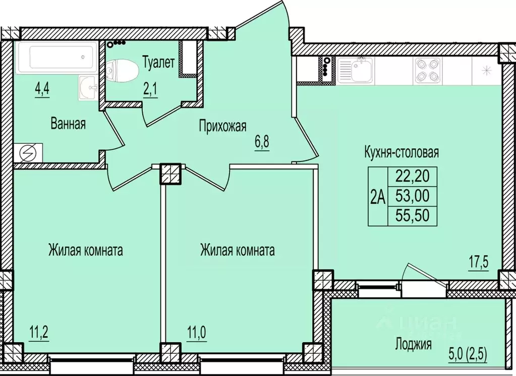 2-к кв. Псковская область, Псков Крестовский жилой комплекс (55.5 м) - Фото 1