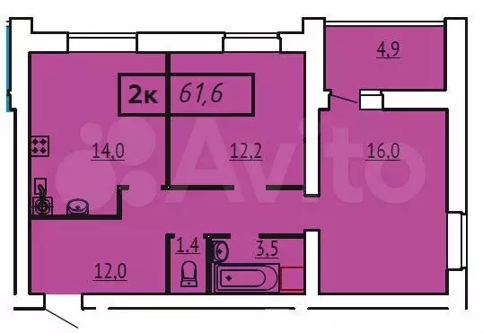 2-к. квартира, 61,6 м, 7/9 эт. - Фото 0
