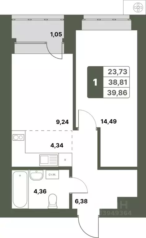 1-к кв. Башкортостан, Уфимский район, с. Миловка  (39.86 м) - Фото 1