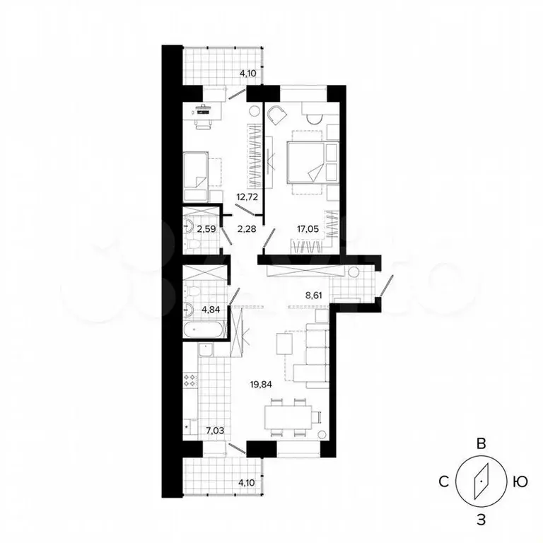 3-к. квартира, 74,2м, 4/4эт. - Фото 0