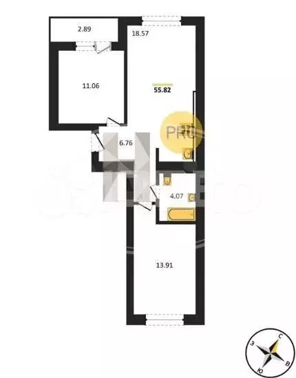 2-к. квартира, 55,8 м, 5/9 эт. - Фото 1