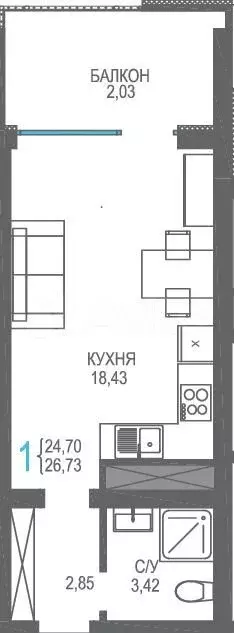 Квартира-студия, 26,7 м, 14/16 эт. - Фото 0