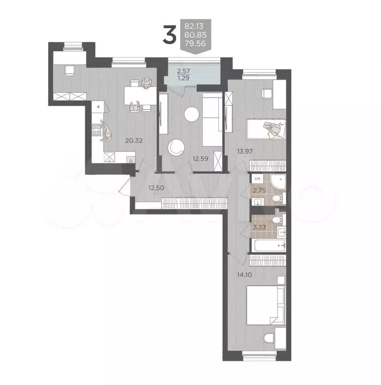 3-к. квартира, 80,8 м, 9/9 эт. - Фото 1