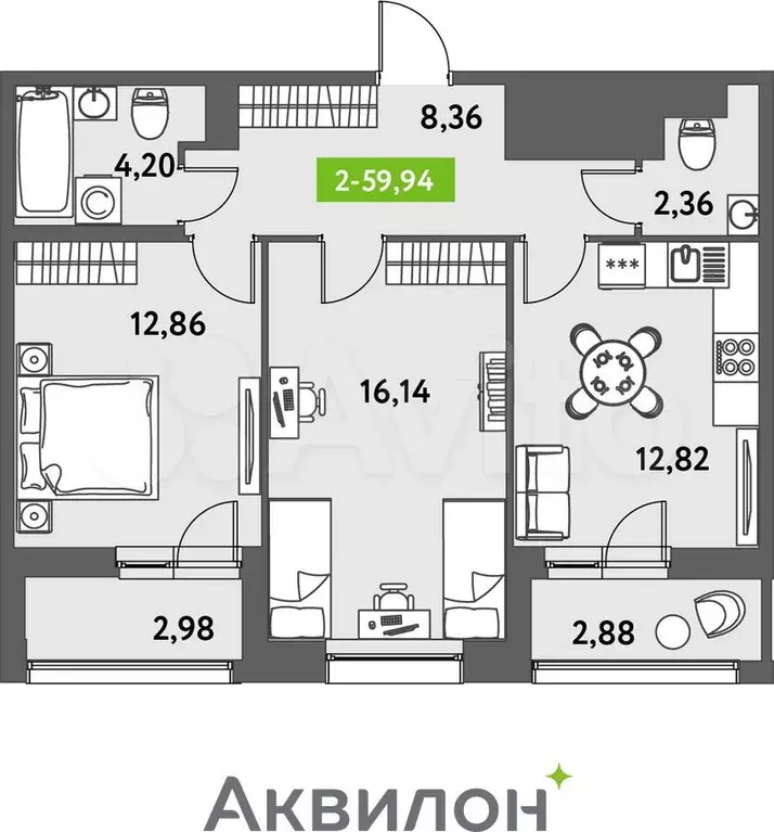 2-к. квартира, 60,7 м, 7/12 эт. - Фото 0