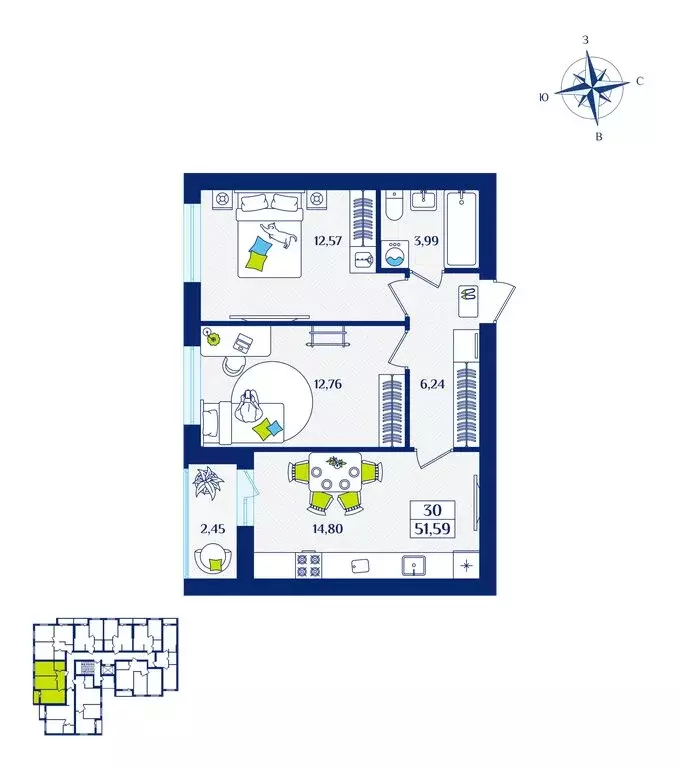 2-комнатная квартира: Калининградская область, Зеленоградск (51.59 м) - Фото 0