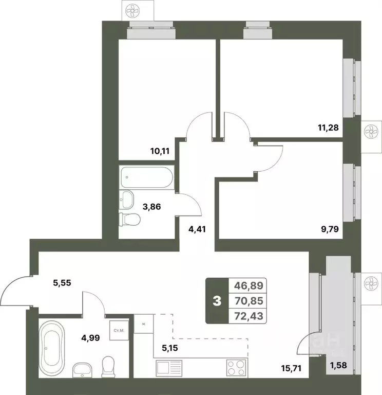 3-к кв. Башкортостан, Уфимский район, с. Миловка  (72.43 м) - Фото 0