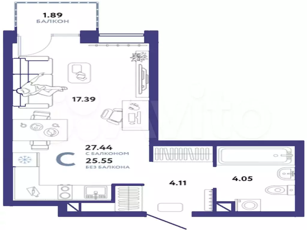 Квартира-студия, 27,4 м, 3/15 эт. - Фото 1