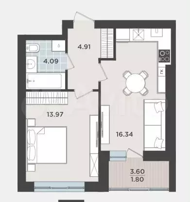 1-к. квартира, 41,1 м, 1/9 эт. - Фото 1