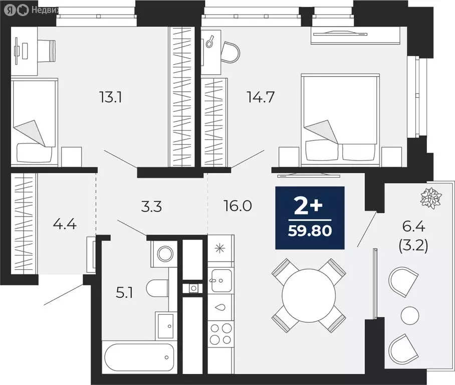 2-комнатная квартира: Тюмень, улица Тимофея Чаркова, 77 (63 м) - Фото 1