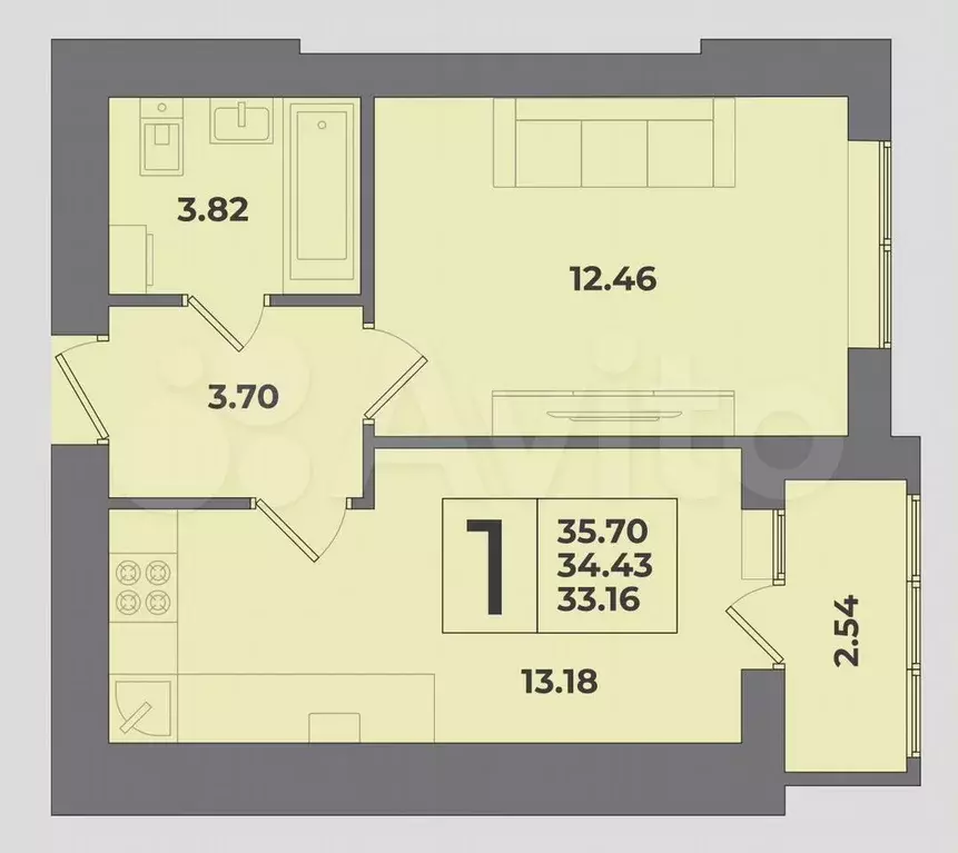 1-к. квартира, 36 м, 7/9 эт. - Фото 1