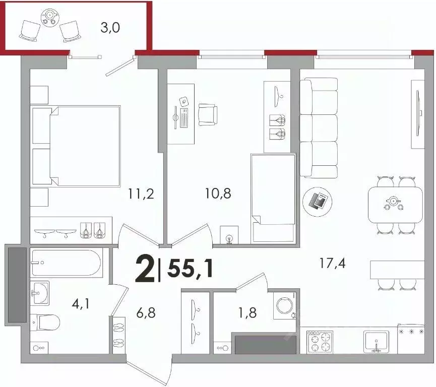 2-к кв. Тверская область, Тверь Южный мкр,  (55.1 м) - Фото 1