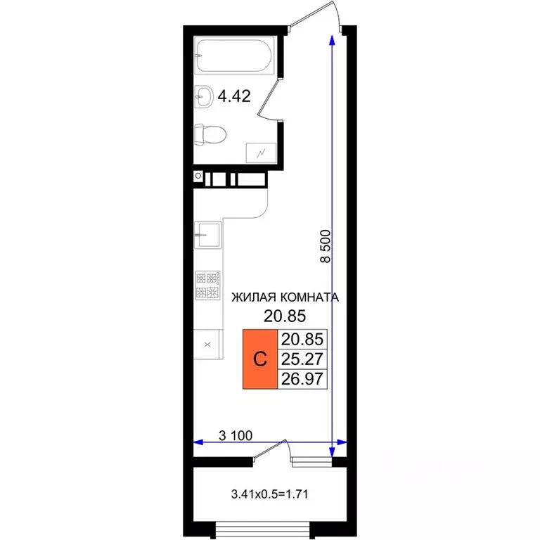 Студия Краснодарский край, Новороссийск 5-я Бригада мкр,  (26.98 м) - Фото 1
