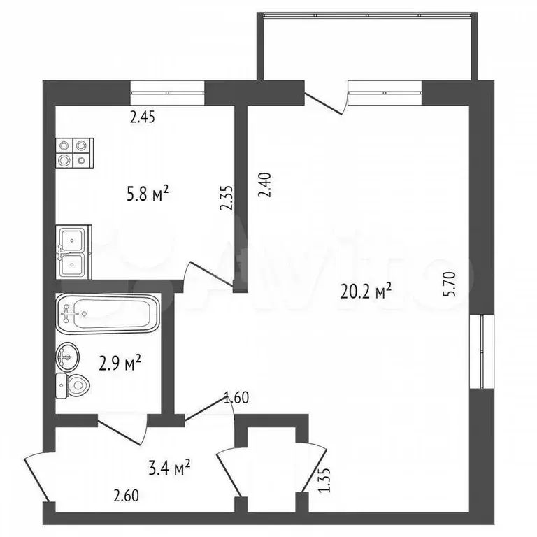 1-к. квартира, 31,9 м, 4/5 эт. - Фото 0