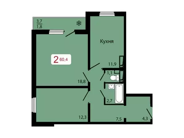 Продаётся 2-к квартира, 60.4 м - Фото 0
