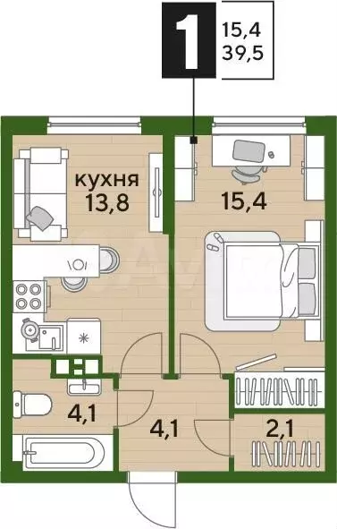 1-к. квартира, 39,5м, 7/16эт. - Фото 1