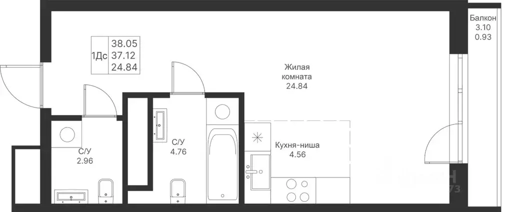 Студия Татарстан, Казань Мой Ритм жилой комплекс (38.05 м) - Фото 0