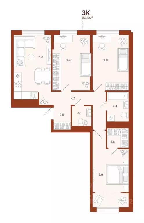 3-к кв. Тюменская область, Тюмень ул. Новаторов, 30 (80.27 м) - Фото 0