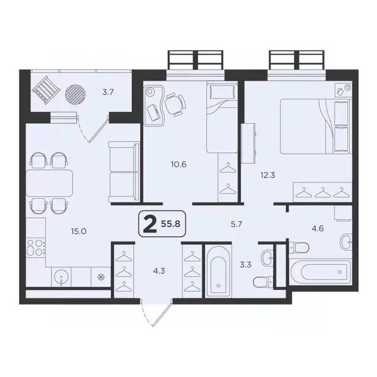 2-к кв. Тюменская область, Тюмень  (55.8 м) - Фото 0