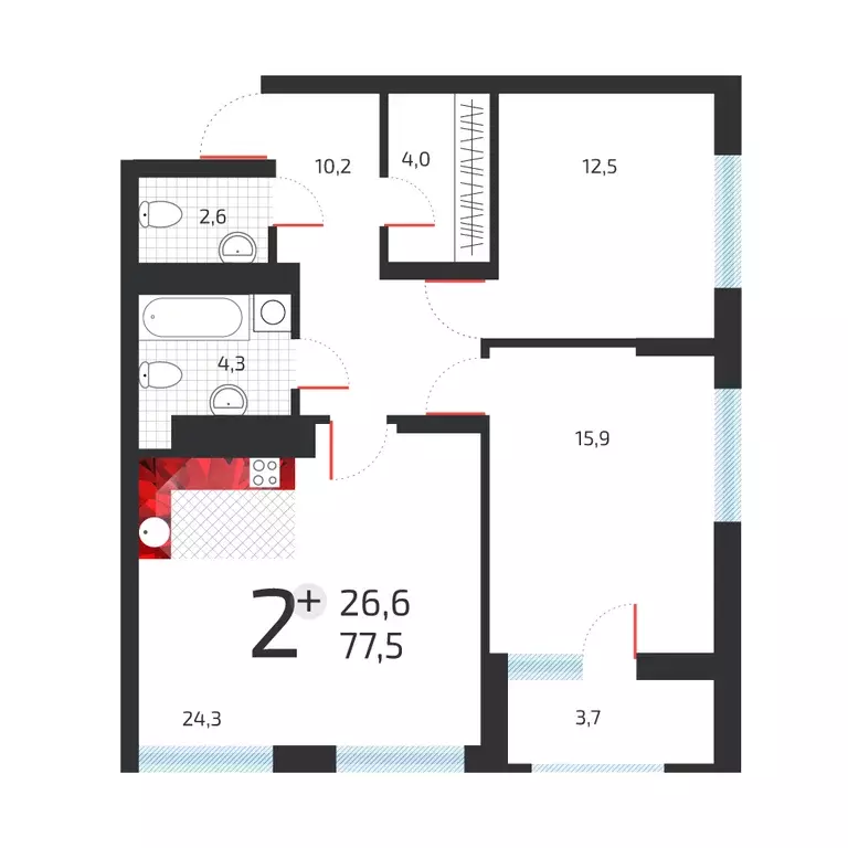 2-к квартира, 76.3 м - Фото 0