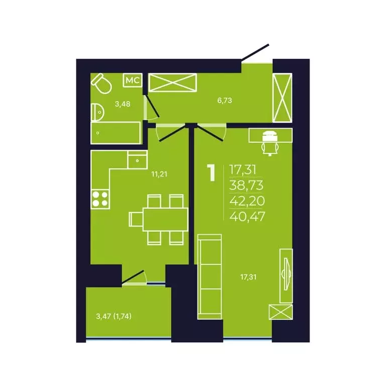 1-комнатная квартира: Уфа, улица Михаила Зайцева, 6 (40.6 м) - Фото 1