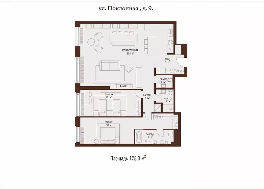3-комнатная квартира: Москва, Поклонная улица, 9 (128.3 м) - Фото 0