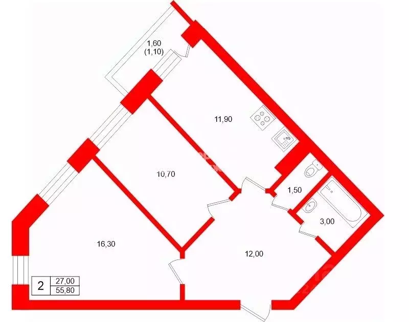 2-к кв. Санкт-Петербург пос. Парголово, ул. Тихоокеанская, 18к4 (55.8 ... - Фото 2