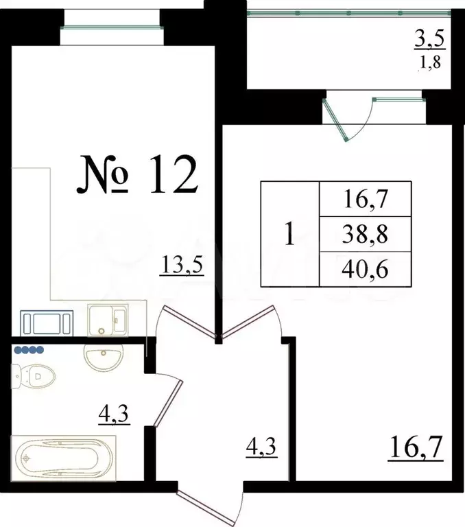 1-к. квартира, 40,6 м, 3/8 эт. - Фото 0