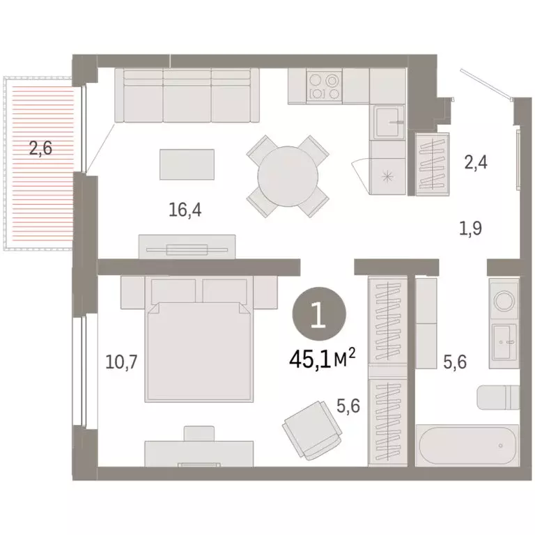 1-комнатная квартира: Тюмень, Мысовская улица, 26к2 (45.13 м) - Фото 2