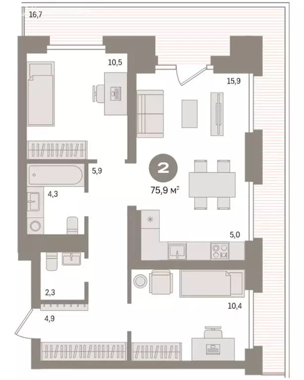 2-комнатная квартира: Тюмень, Причальная улица, 9 (75.9 м) - Фото 2