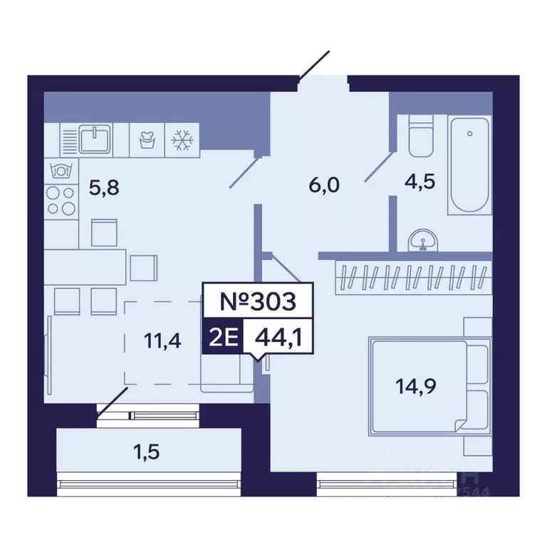 2-к кв. Саха (Якутия), Якутск ул. Новопортовская, 1А/1 (44.1 м) - Фото 1