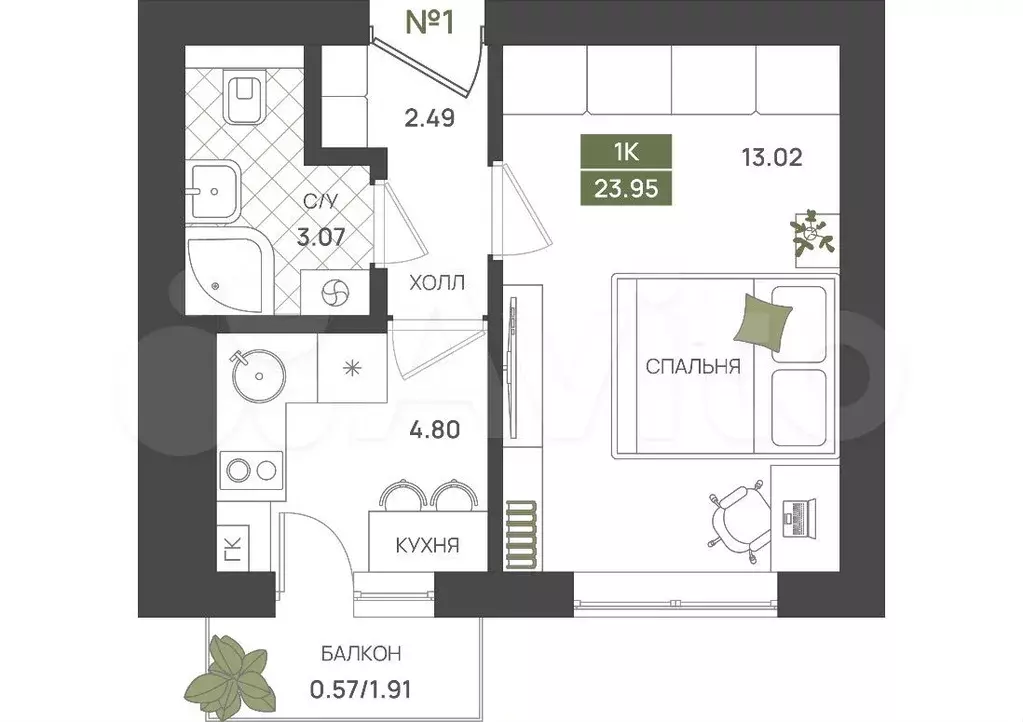 1-к. квартира, 24 м, 1/5 эт. - Фото 1
