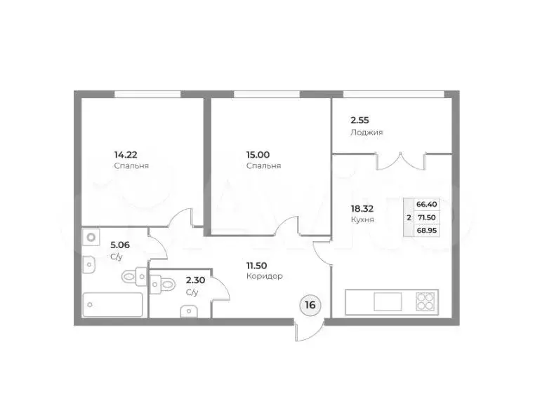 2-к. квартира, 68,9 м, 4/4 эт. - Фото 1