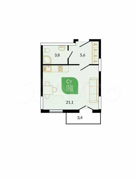 1-к. квартира, 31,5 м, 9/12 эт. - Фото 0
