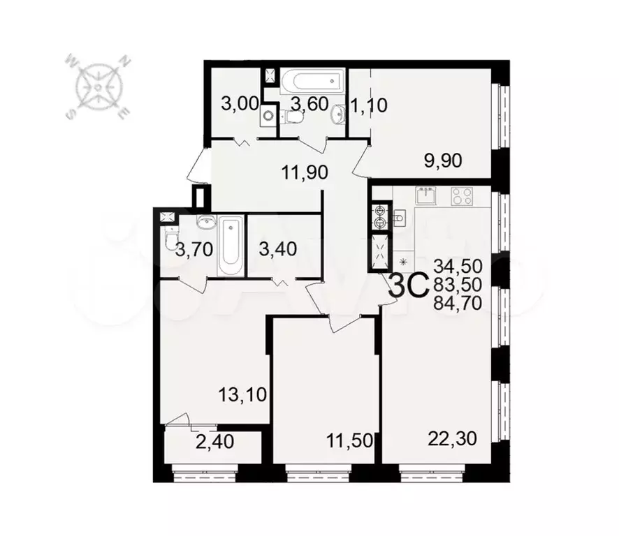 3-к. квартира, 84,7 м, 1/10 эт. - Фото 0