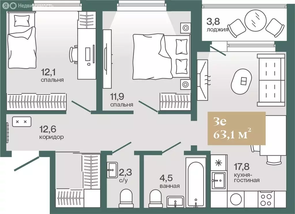 2-комнатная квартира: Тюмень, улица Игоря Комиссарова, 21 (63.18 м) - Фото 0