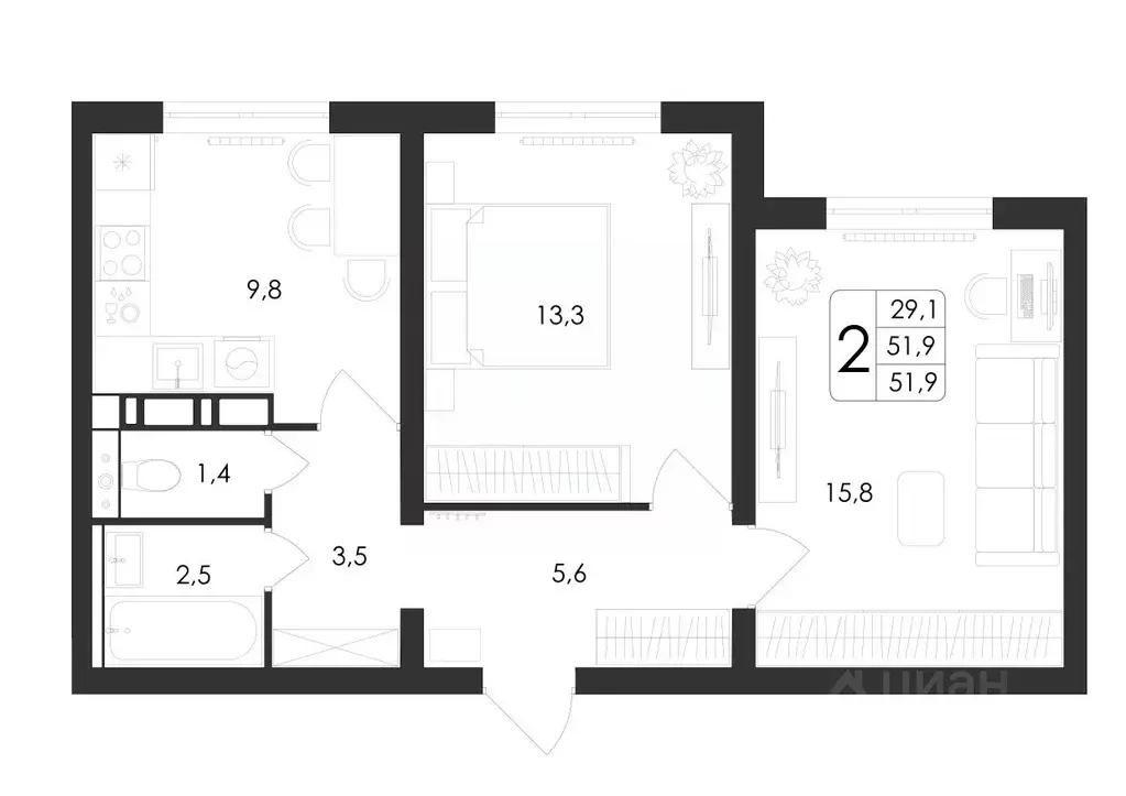 2-к кв. Воронежская область, Воронеж ул. Загоровского, 5/3 (51.9 м) - Фото 0