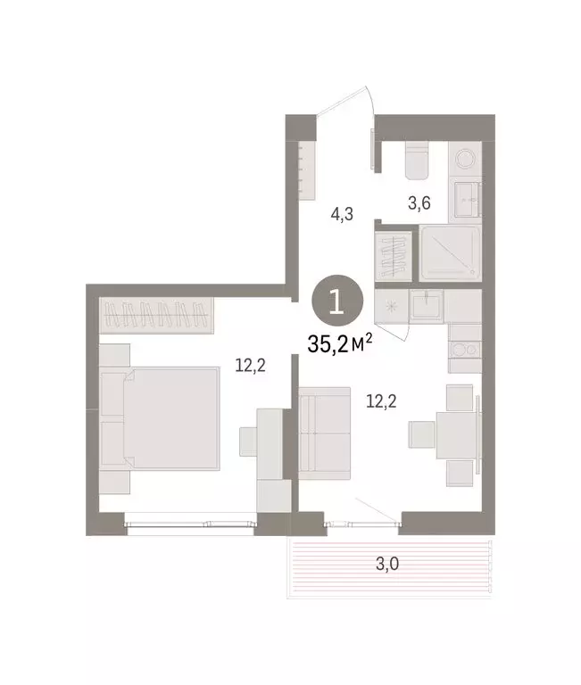 1-комнатная квартира: Пермь, улица Солдатова (35.24 м) - Фото 1